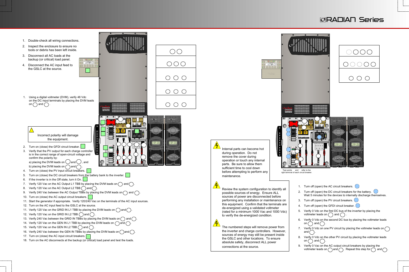 Radian series, Energize/startup procedures, De-energize/shutdown procedures | Functional test points, Warning: lethal voltage, Warning: burn hazard | Outback Power Systems GS8048 Quick Start Guide User Manual | Page 3 / 4