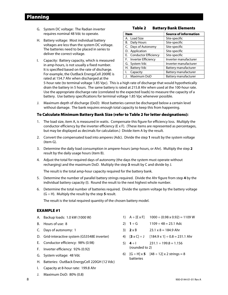 Table 2, Planning | Outback Power Systems GS3548E Installation Manual User Manual | Page 10 / 48