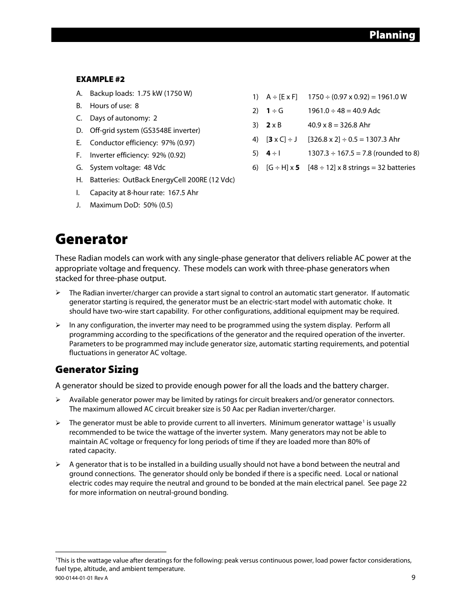 Generator, Planning, Generator sizing | Outback Power Systems GS3548E Installation Manual User Manual | Page 11 / 48