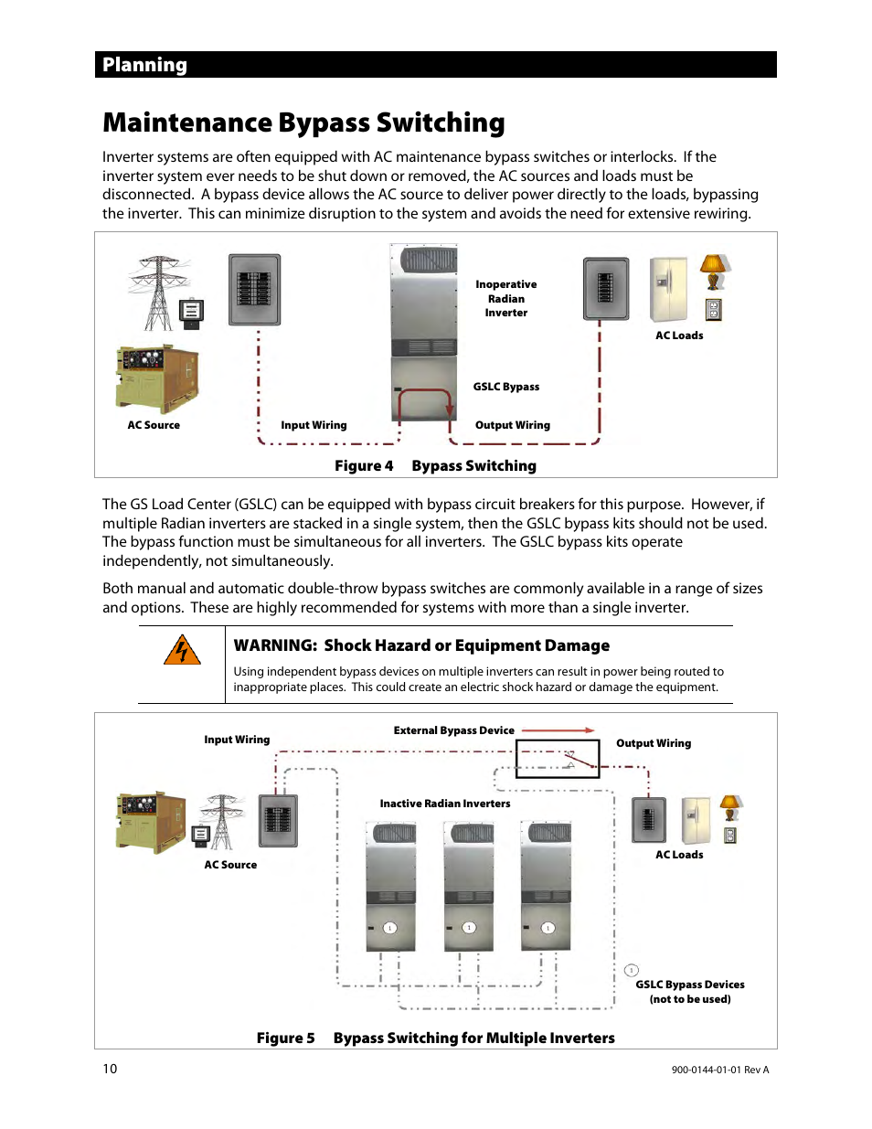 Maintenance bypass switching, Planning, Warning: shock hazard or equipment damage | Outback Power Systems GS3548E Installation Manual User Manual | Page 12 / 48