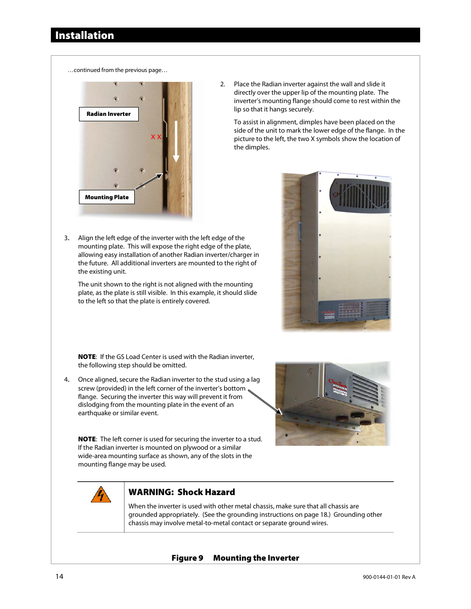 Installation, Warning: shock hazard | Outback Power Systems GS3548E Installation Manual User Manual | Page 16 / 48