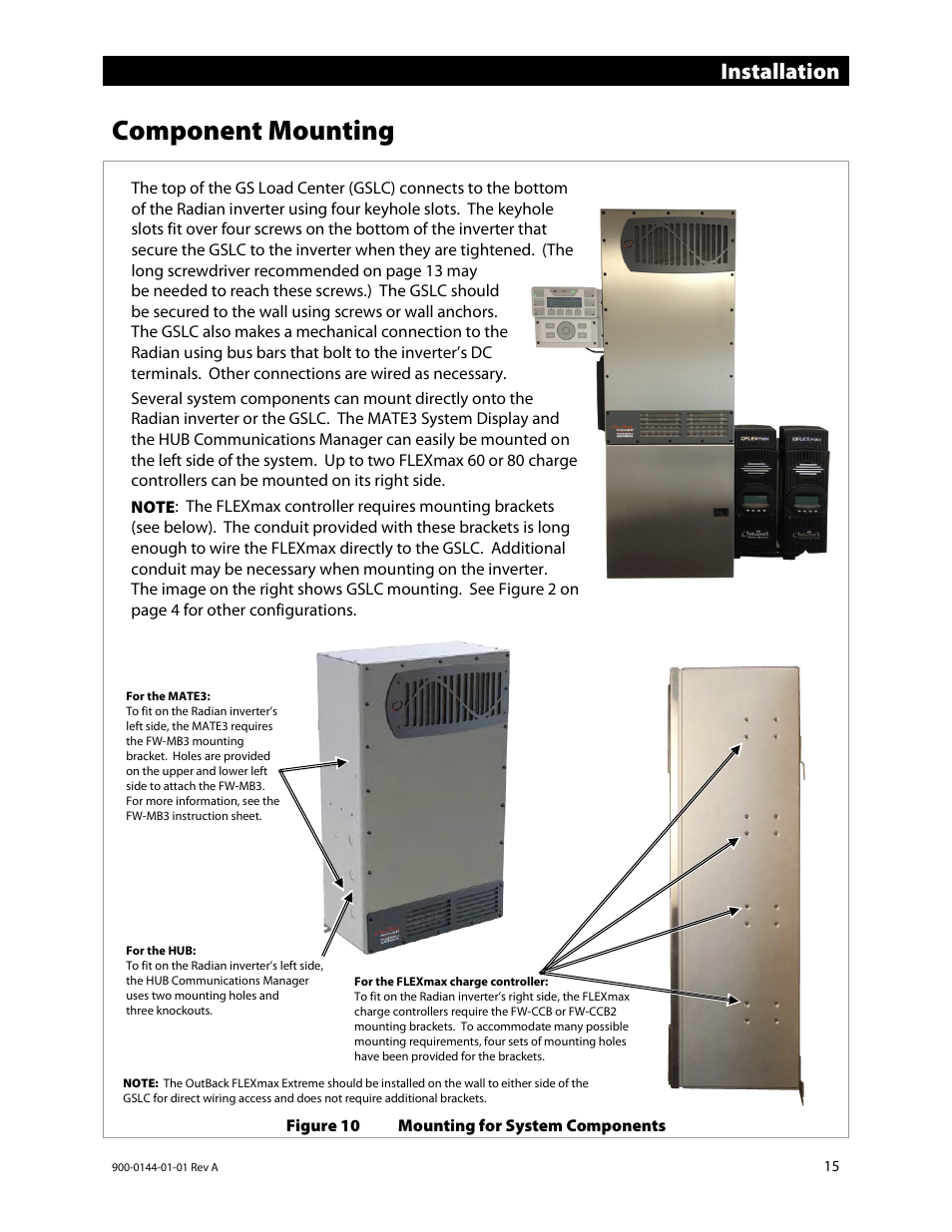 Component mounting, Installation | Outback Power Systems GS3548E Installation Manual User Manual | Page 17 / 48