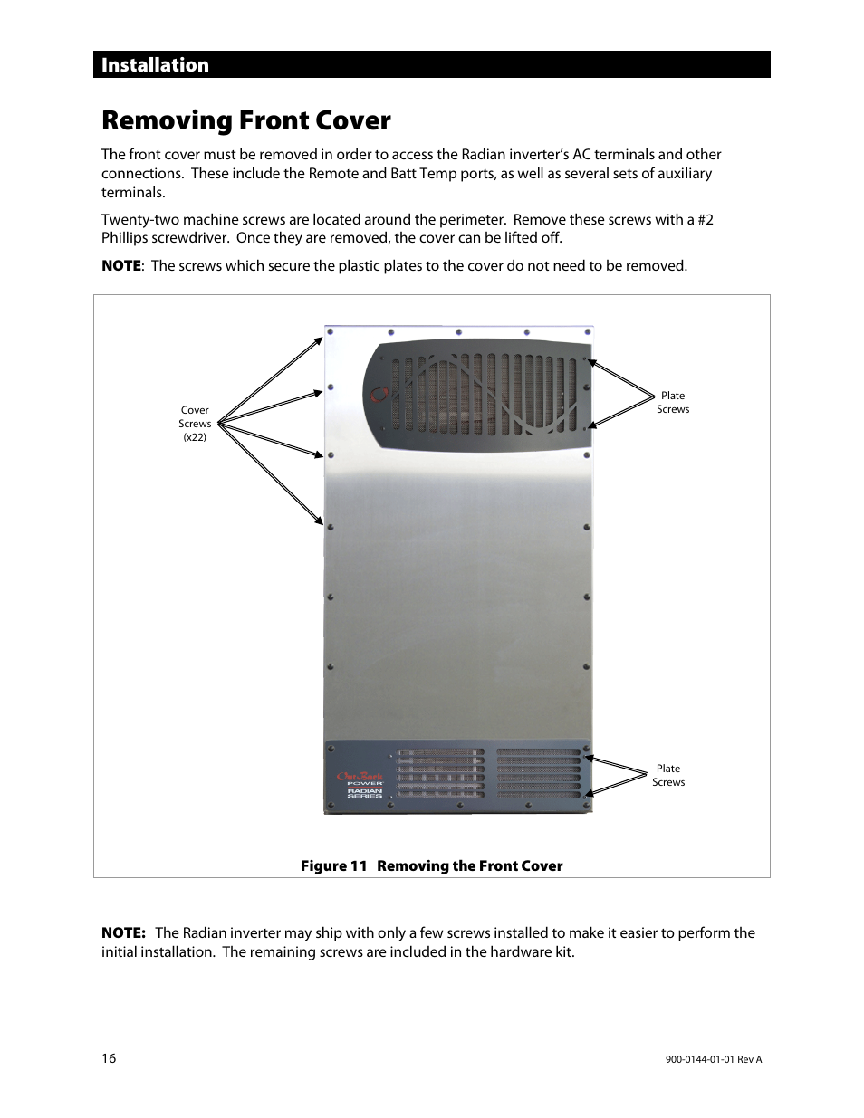 Removing front cover, Installation | Outback Power Systems GS3548E Installation Manual User Manual | Page 18 / 48