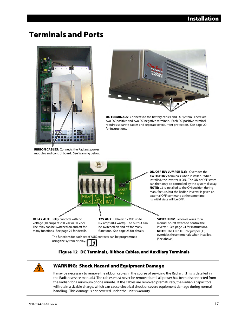 Terminals and ports, Installation, Warning: shock hazard and equipment damage | Outback Power Systems GS3548E Installation Manual User Manual | Page 19 / 48