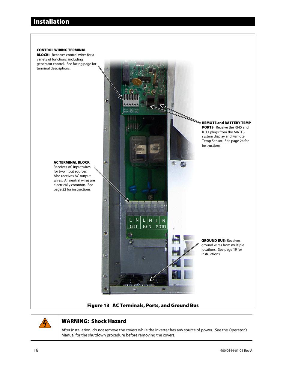 Installation, Warning: shock hazard, Figure 13 ac terminals, ports, and ground bus | Outback Power Systems GS3548E Installation Manual User Manual | Page 20 / 48