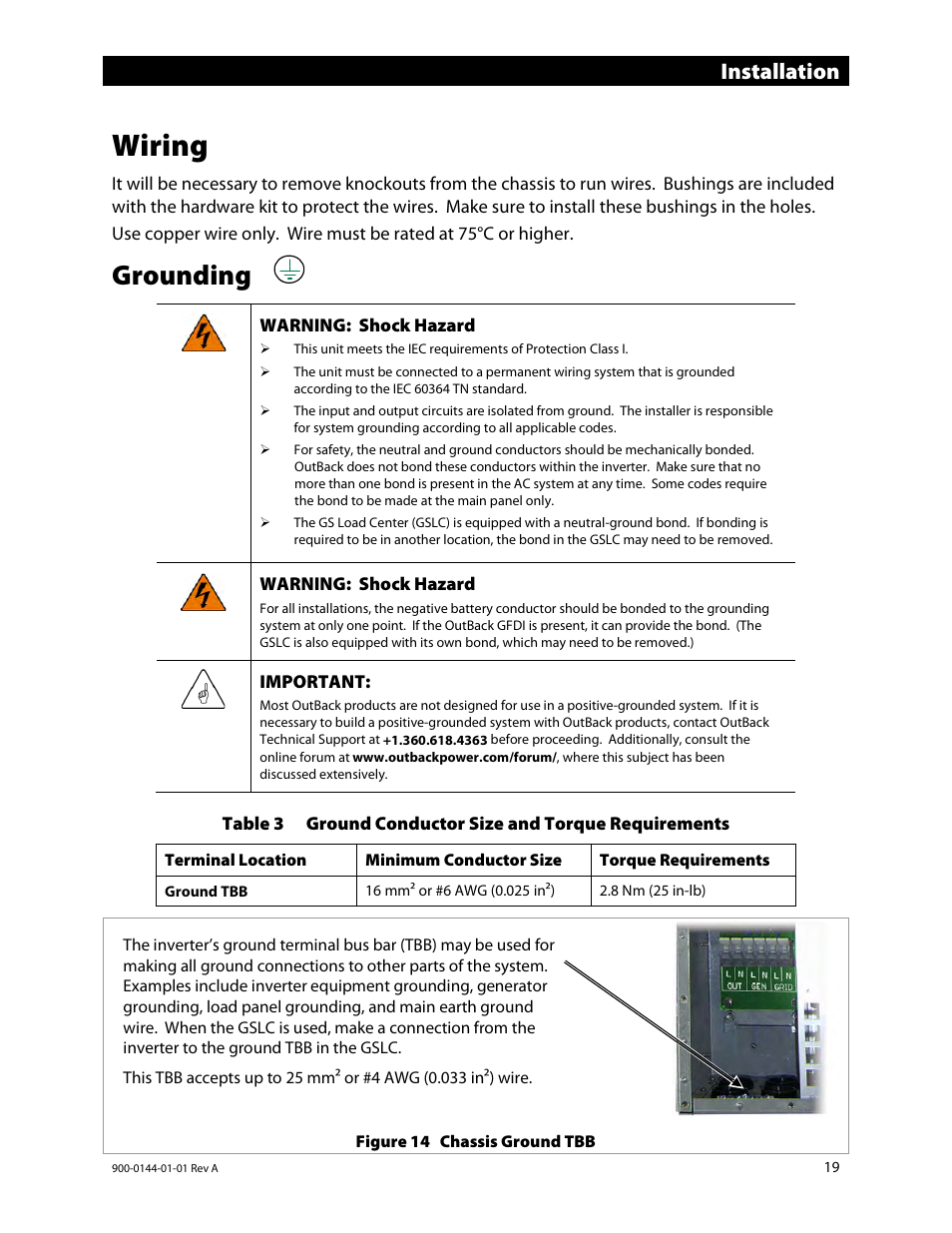 Wiring, Grounding, E 20. th | E 20, E 19 fo, Installation | Outback Power Systems GS3548E Installation Manual User Manual | Page 21 / 48