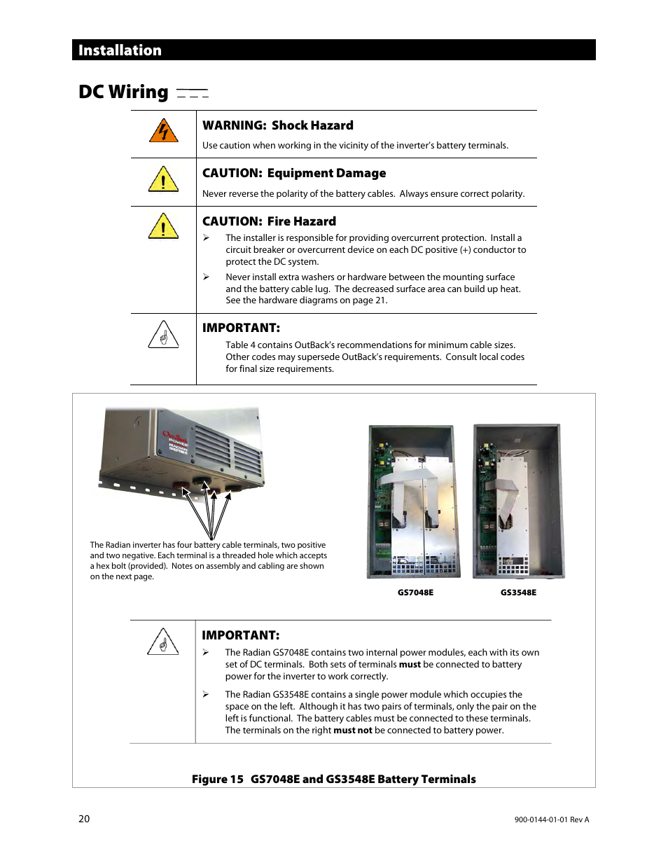 Dc wiring, Installation | Outback Power Systems GS3548E Installation Manual User Manual | Page 22 / 48