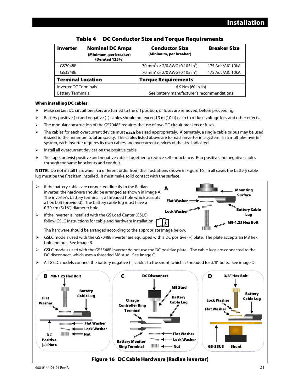 E 21, Table 4 co, Installation | Outback Power Systems GS3548E Installation Manual User Manual | Page 23 / 48