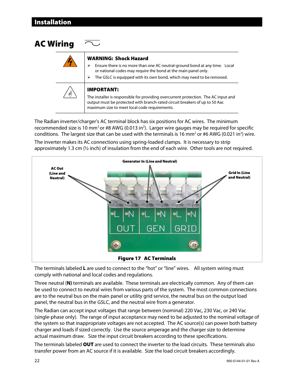 Ac wiring, Ge 22 f, Installation | Outback Power Systems GS3548E Installation Manual User Manual | Page 24 / 48