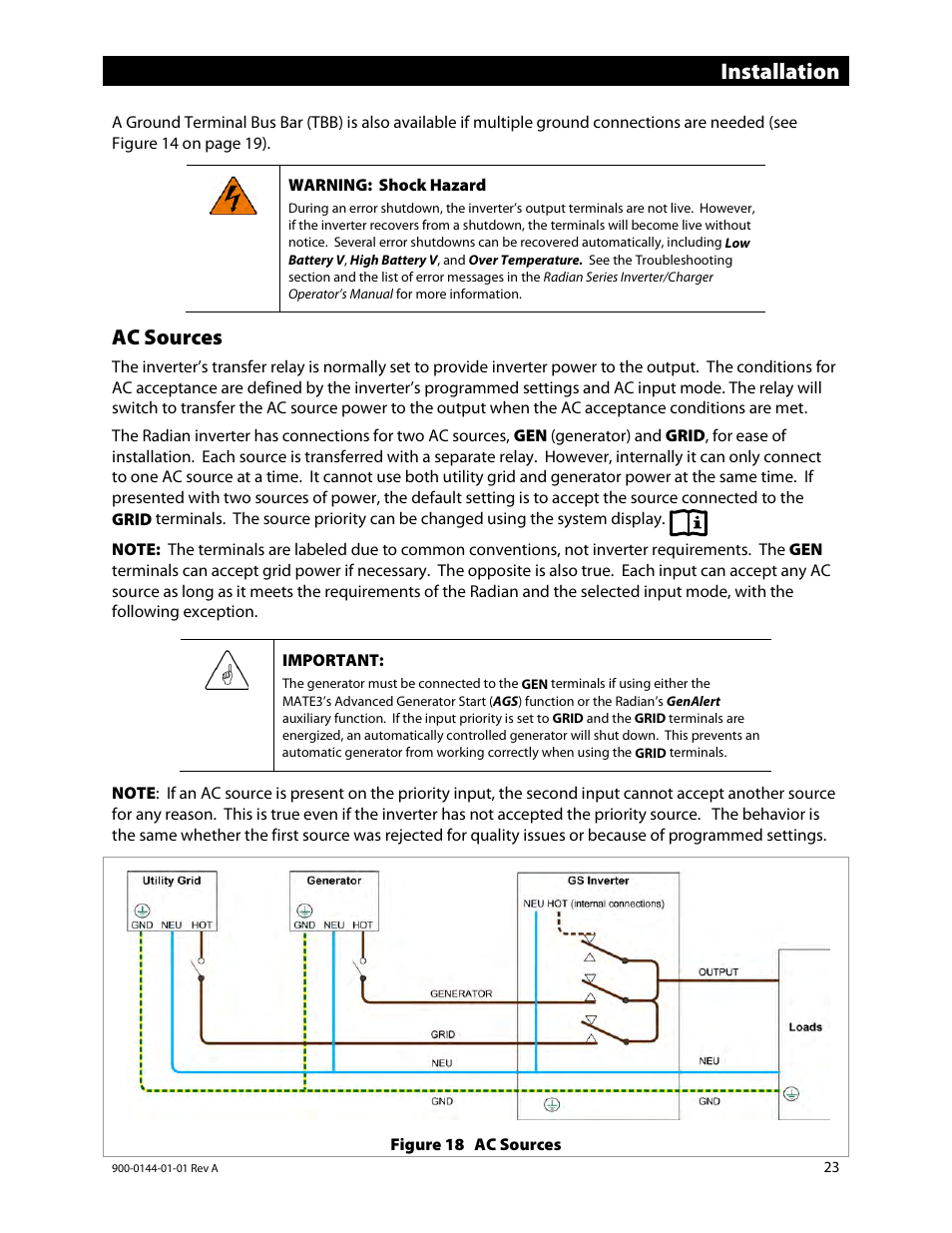 Ac sources, Installation | Outback Power Systems GS3548E Installation Manual User Manual | Page 25 / 48