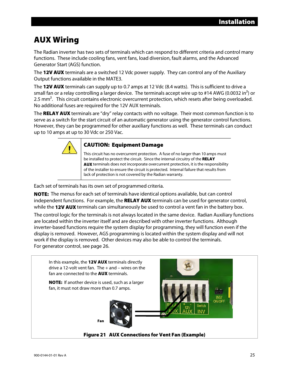 Aux wiring, E 25 f, Installation | Outback Power Systems GS3548E Installation Manual User Manual | Page 27 / 48