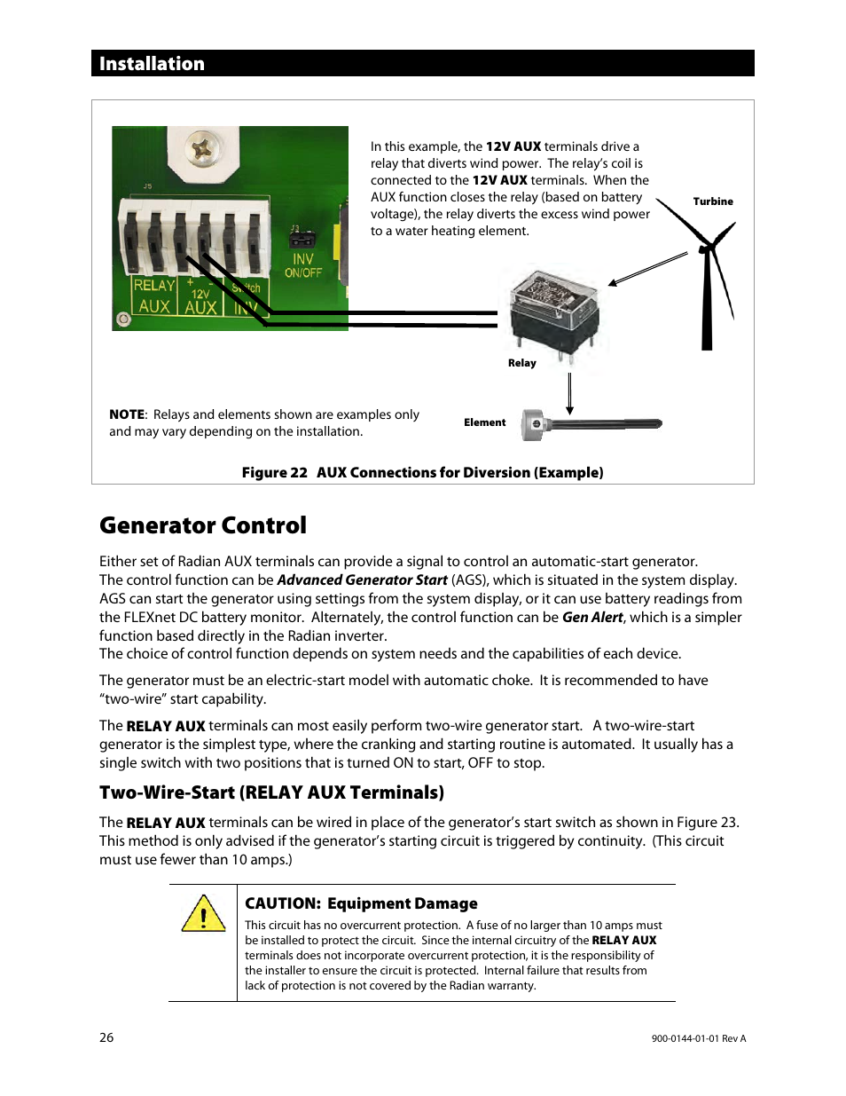 Generator control, Two-wire-start (relay aux terminals), Installation | Outback Power Systems GS3548E Installation Manual User Manual | Page 28 / 48