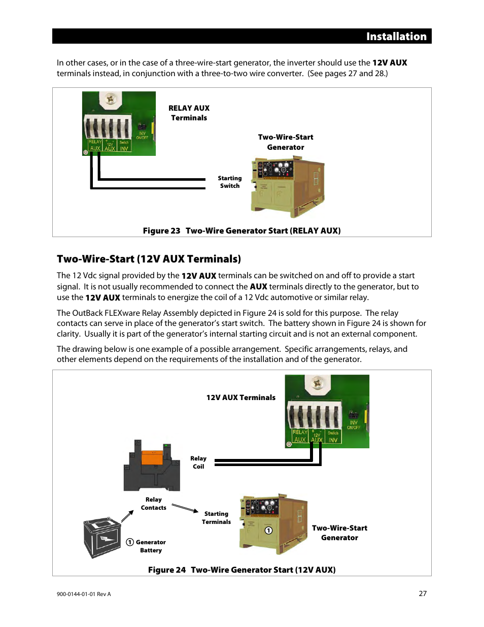 Two-wire-start (12v aux terminals), Installation | Outback Power Systems GS3548E Installation Manual User Manual | Page 29 / 48