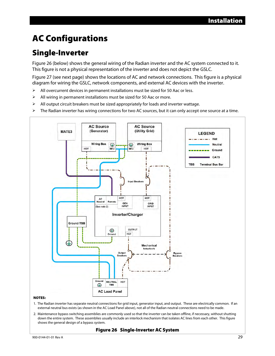 Ac configurations, Single-inverter, Installation | Outback Power Systems GS3548E Installation Manual User Manual | Page 31 / 48