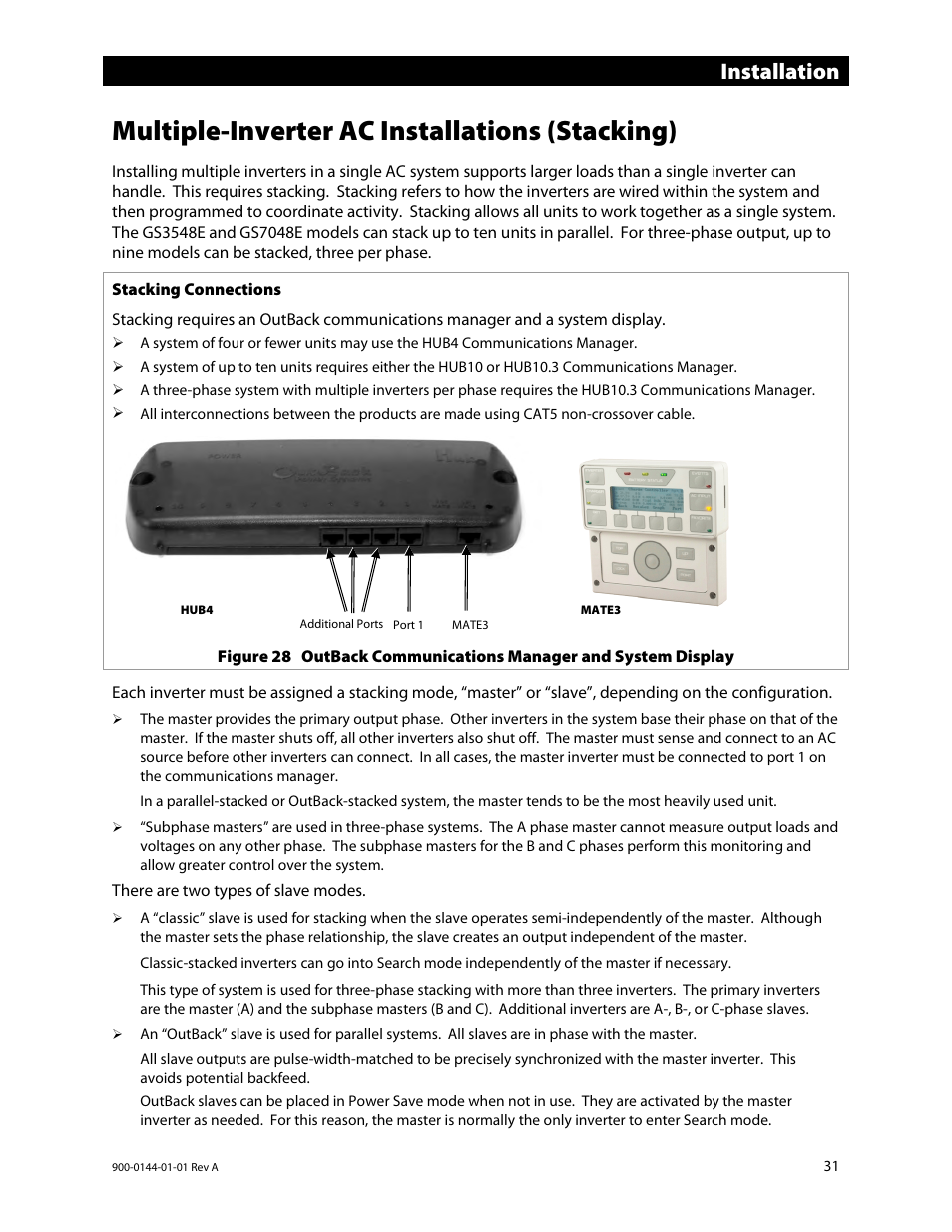 Multiple-inverter ac installations (stacking), Installation | Outback Power Systems GS3548E Installation Manual User Manual | Page 33 / 48