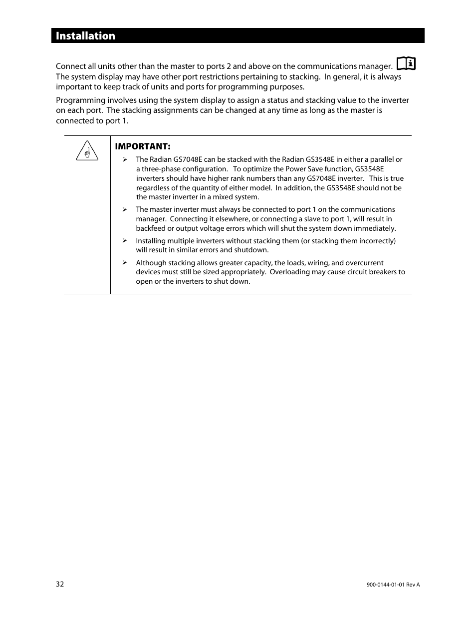 Installation | Outback Power Systems GS3548E Installation Manual User Manual | Page 34 / 48