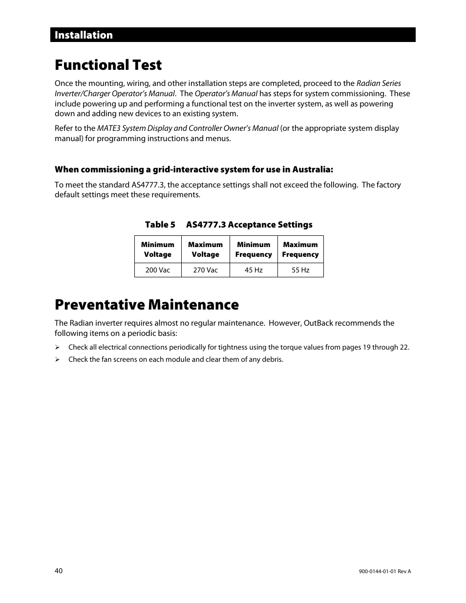 Functional test, Preventative maintenance, Installation | Outback Power Systems GS3548E Installation Manual User Manual | Page 42 / 48