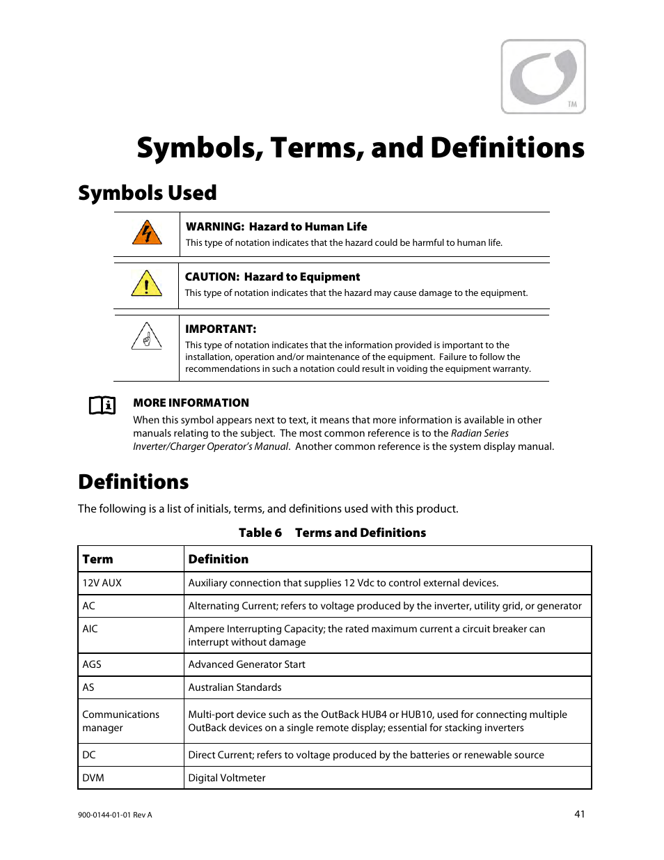 Symbols, terms, and definitions, Symbols used, Definitions | Outback Power Systems GS3548E Installation Manual User Manual | Page 43 / 48