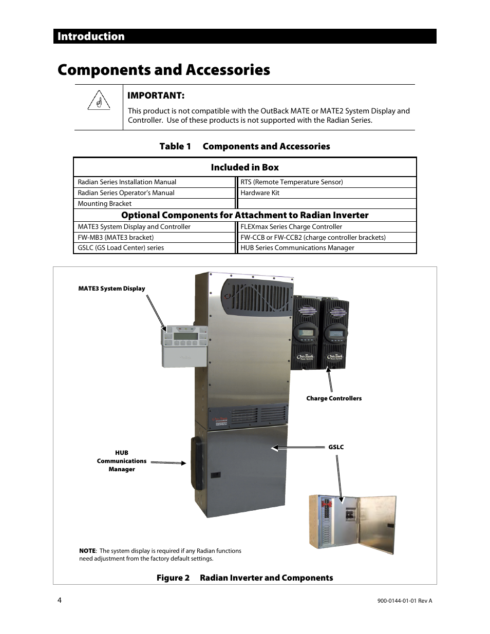 Components and accessories, Introduction, Important | Table 1 components and accessories, Included in box | Outback Power Systems GS3548E Installation Manual User Manual | Page 6 / 48