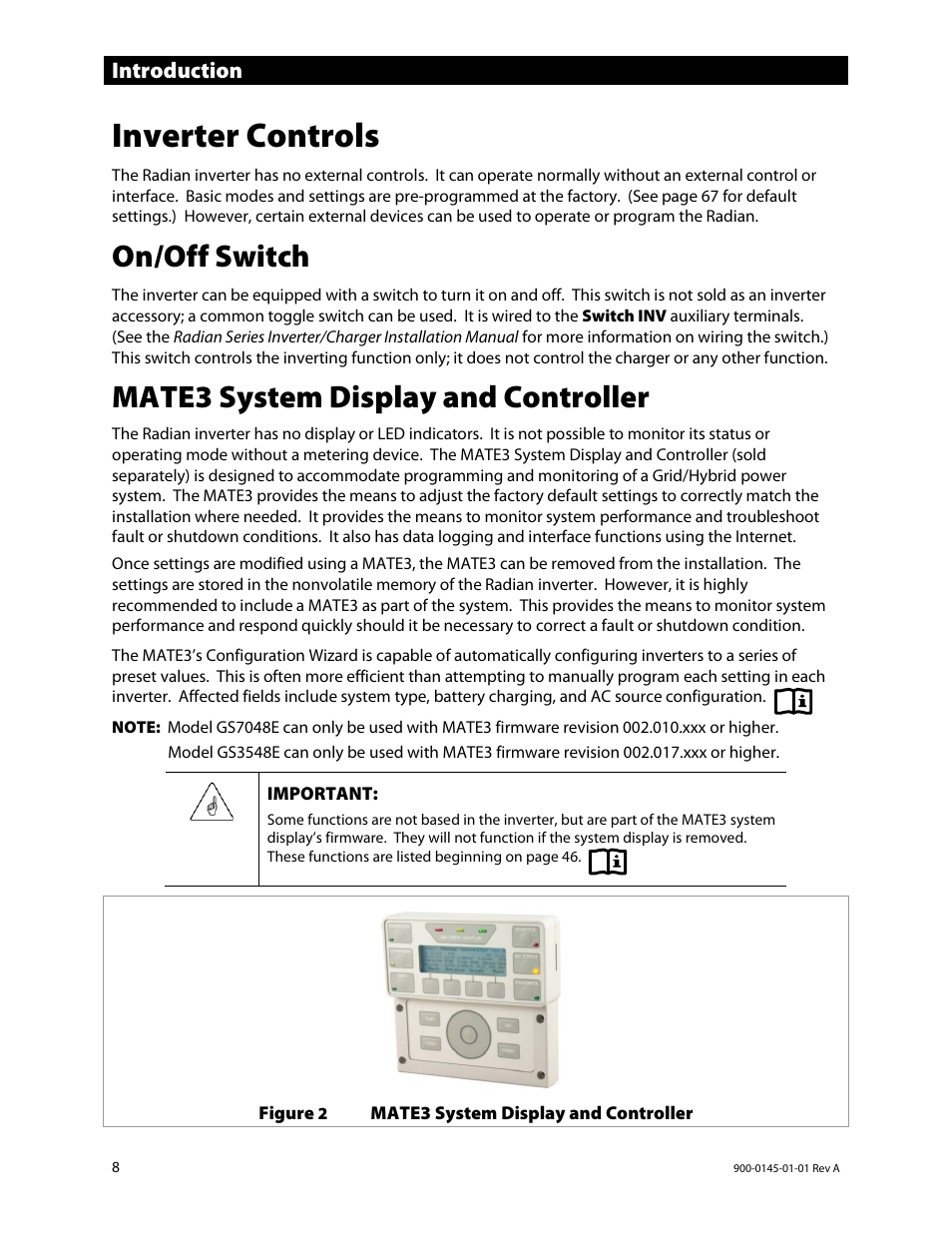 Inverter controls, On/off switch, Mate3 system display and controller | Introduction | Outback Power Systems GS3548E Operators Manual User Manual | Page 10 / 76