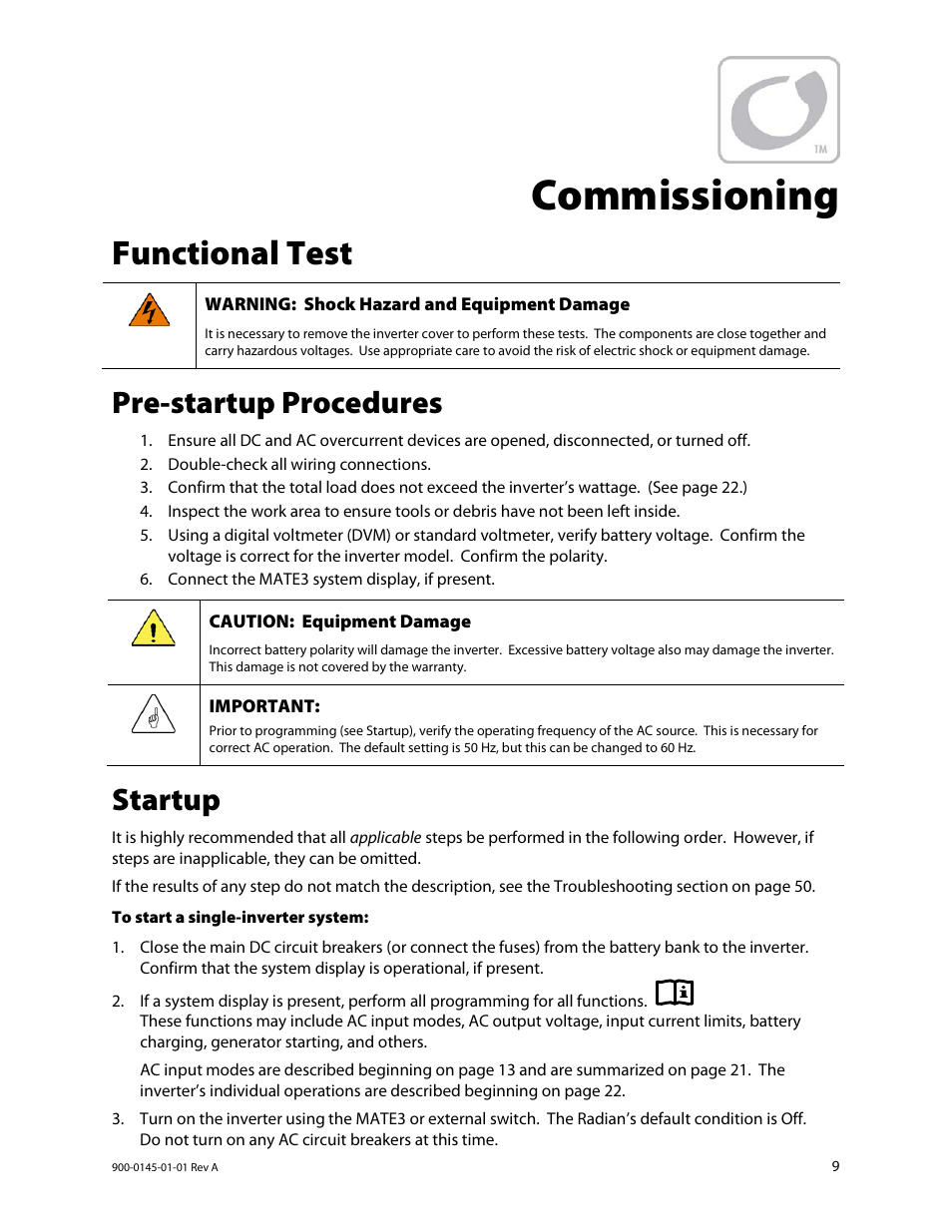 Commissioning, Functional test, Pre-startup procedures | Startup | Outback Power Systems GS3548E Operators Manual User Manual | Page 11 / 76