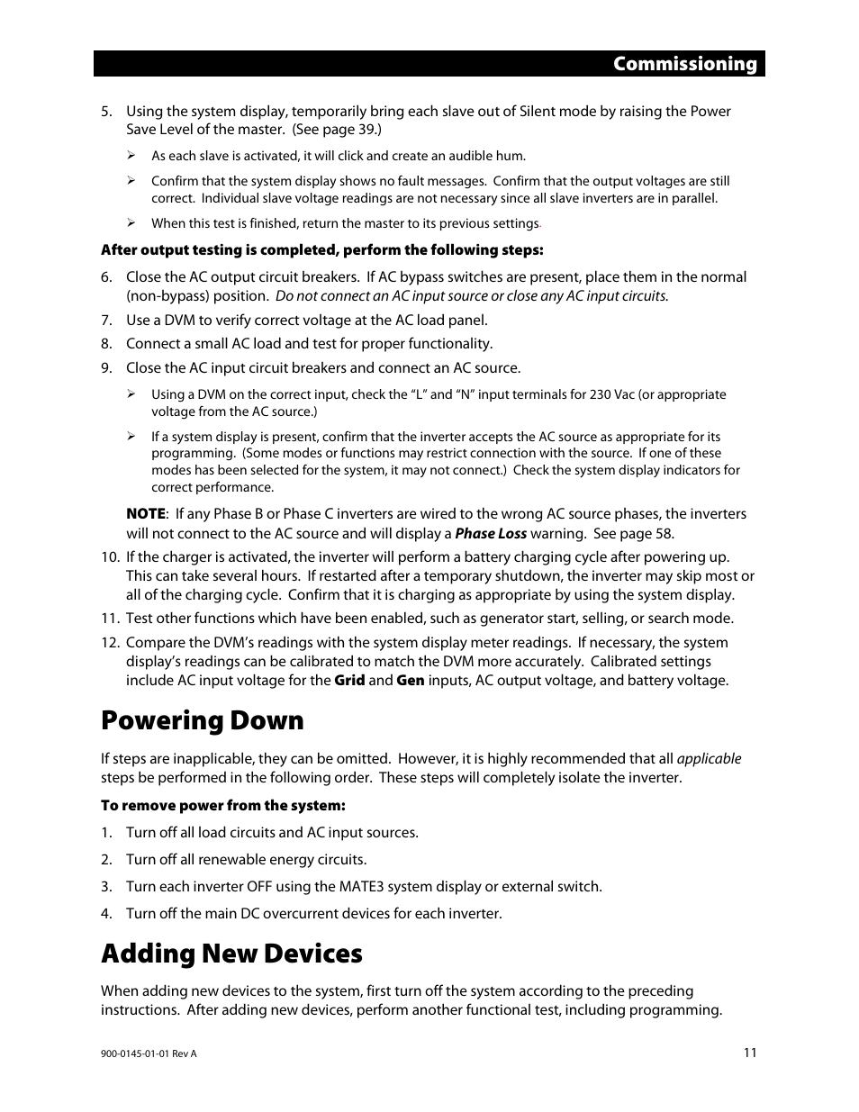 Powering down, Adding new devices, Commissioning | Outback Power Systems GS3548E Operators Manual User Manual | Page 13 / 76