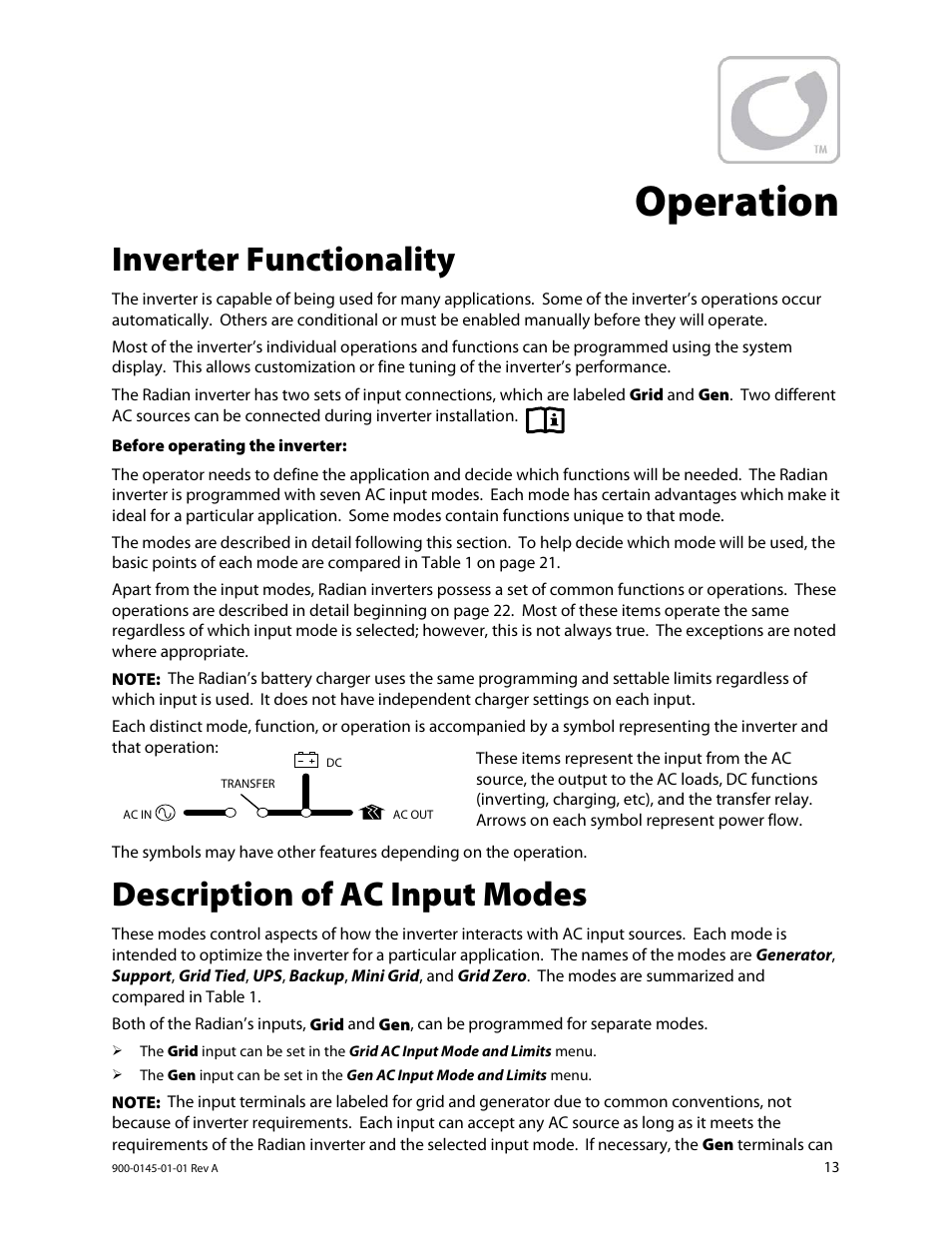 Operation, Inverter functionality, Description of ac input modes | Outback Power Systems GS3548E Operators Manual User Manual | Page 15 / 76