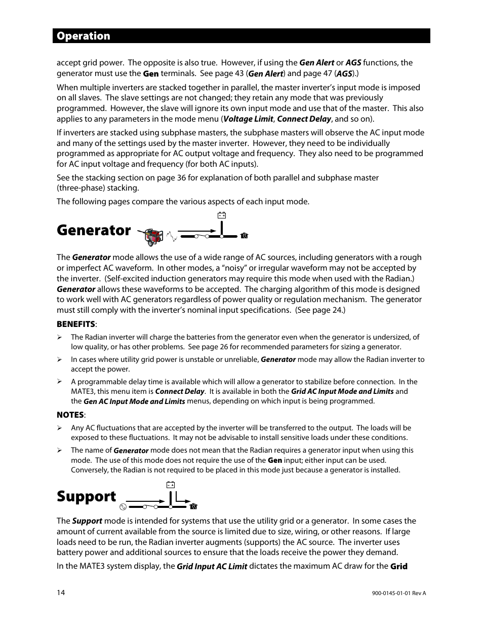 Generator, Support, Operation | Outback Power Systems GS3548E Operators Manual User Manual | Page 16 / 76