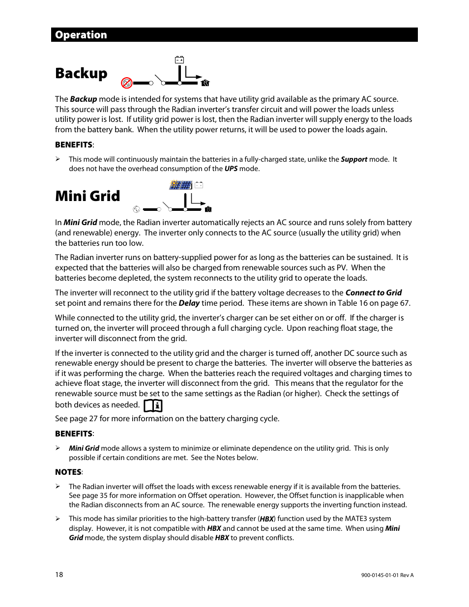 Backup, Mini grid, Operation | Outback Power Systems GS3548E Operators Manual User Manual | Page 20 / 76