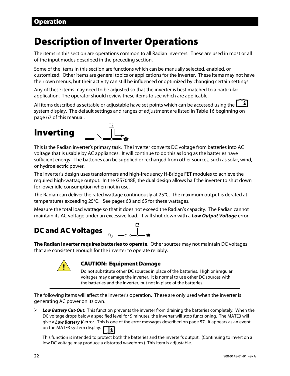 Description of inverter operations, Inverting, Dc and ac voltages | E 22.), E 22, S 22 a, Operation | Outback Power Systems GS3548E Operators Manual User Manual | Page 24 / 76