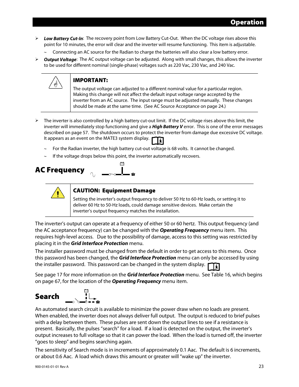 Ac frequency, Search, E 23.) | Operation | Outback Power Systems GS3548E Operators Manual User Manual | Page 25 / 76