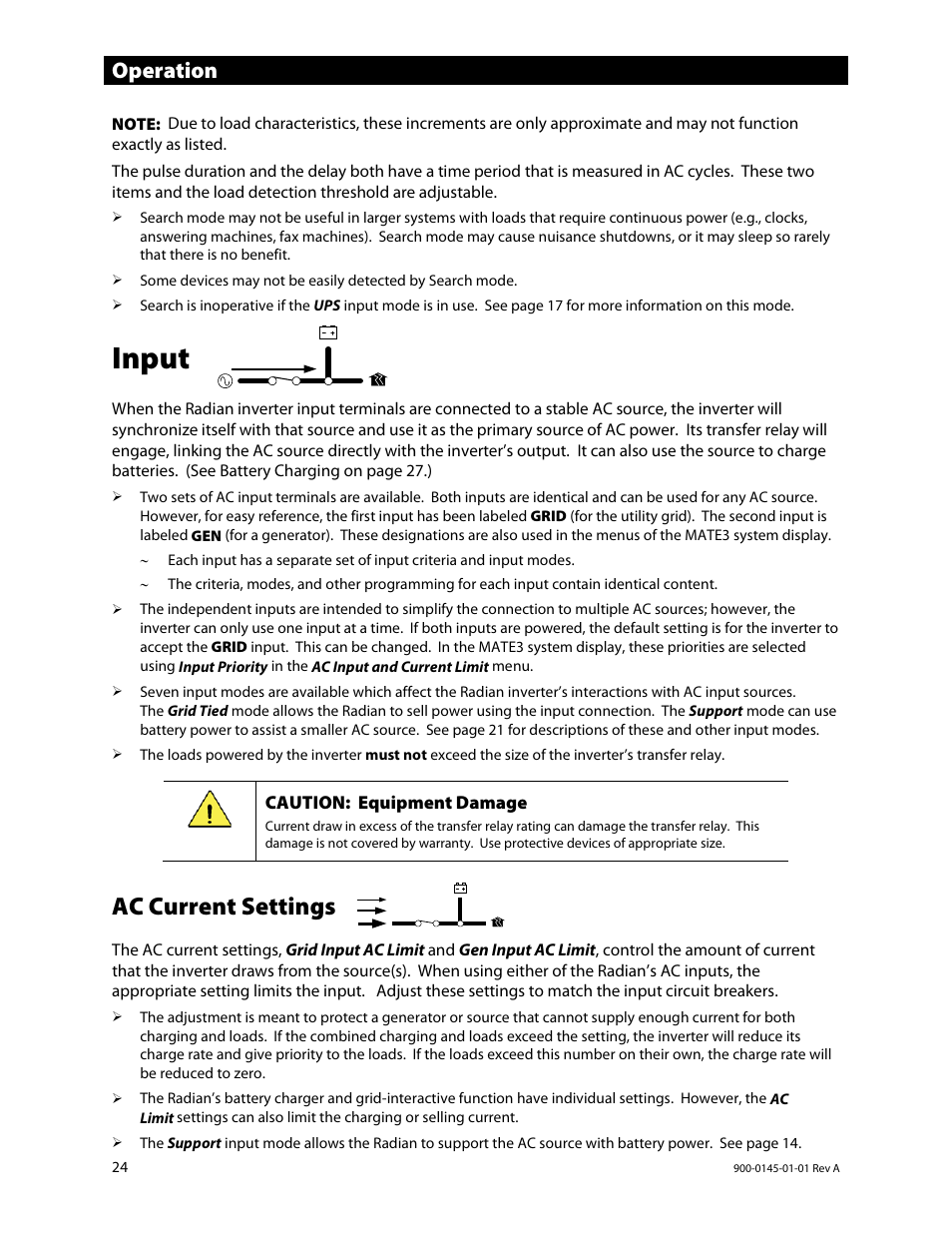 Input, Ac current settings, E 24.) | E 24, whi, Operation | Outback Power Systems GS3548E Operators Manual User Manual | Page 26 / 76