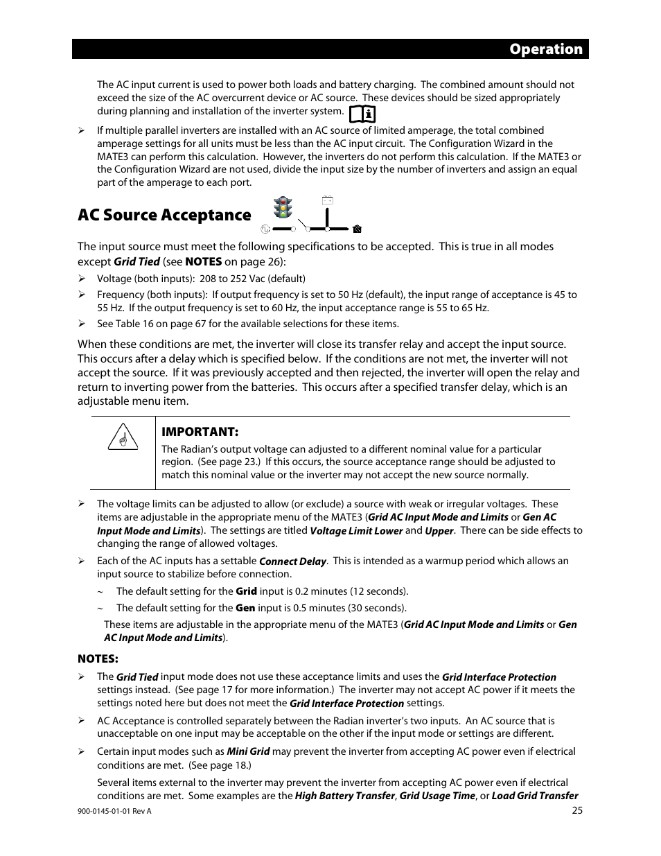 Ac source acceptance, Operation | Outback Power Systems GS3548E Operators Manual User Manual | Page 27 / 76