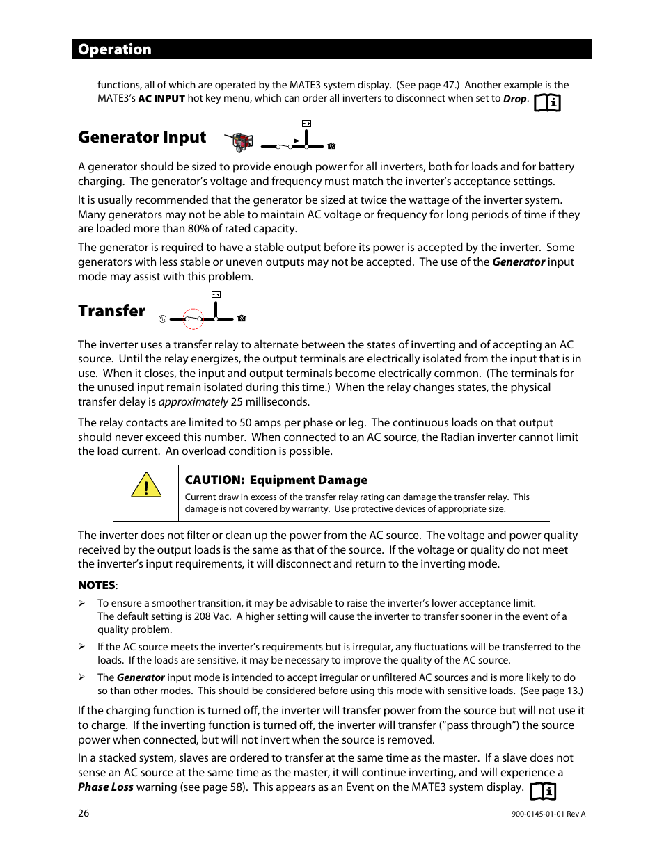 Generator input, Transfer, E 26 fo | Operation | Outback Power Systems GS3548E Operators Manual User Manual | Page 28 / 76