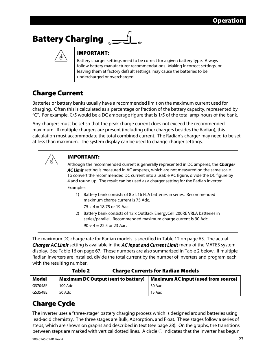 Battery charging, Charge current, Charge cycle | Battery chargin, Operation | Outback Power Systems GS3548E Operators Manual User Manual | Page 29 / 76