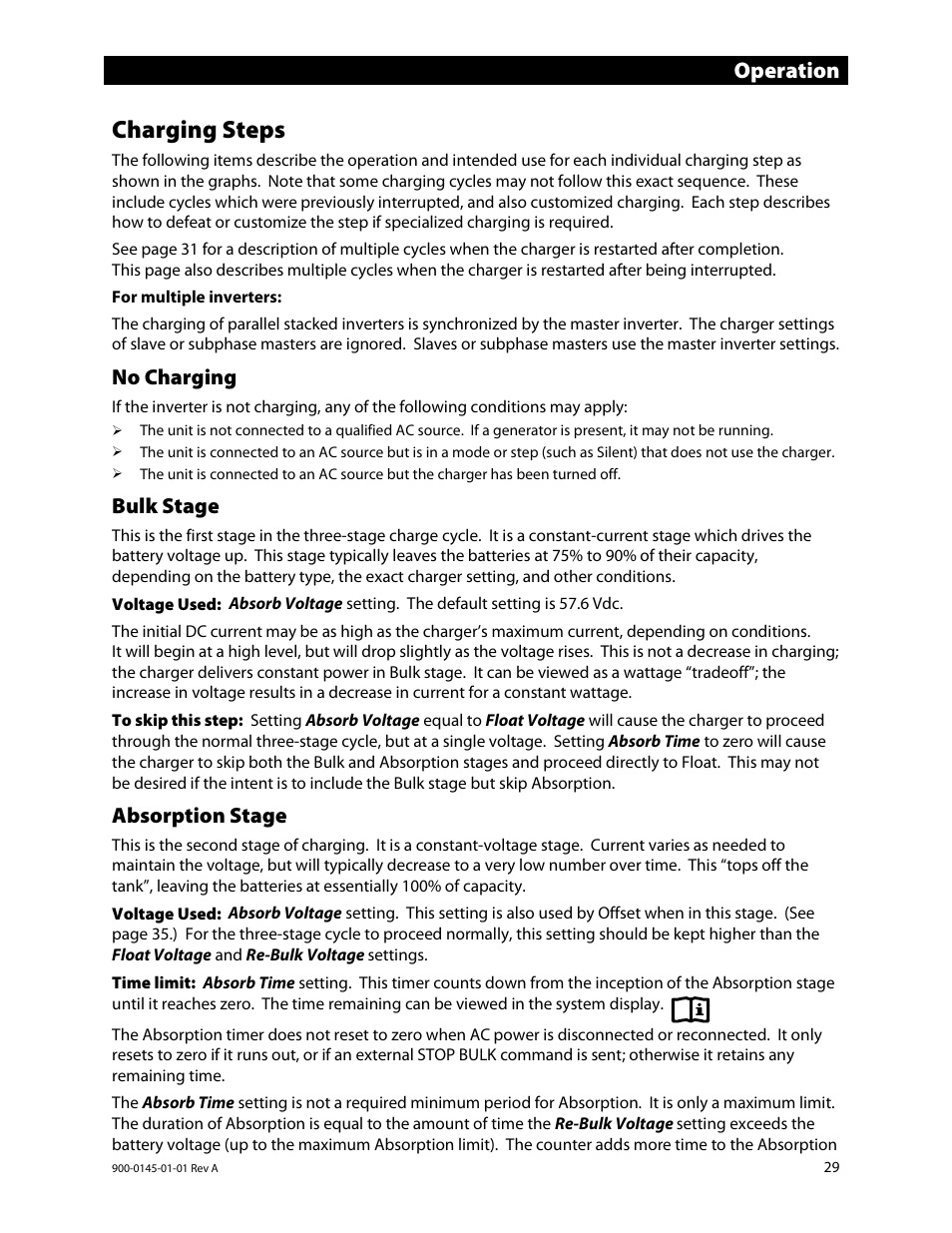 Charging steps, No charging, Bulk stage | Absorption stage, Operation | Outback Power Systems GS3548E Operators Manual User Manual | Page 31 / 76