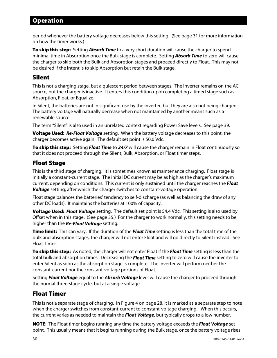 Silent, Float stage, Float timer | Operation | Outback Power Systems GS3548E Operators Manual User Manual | Page 32 / 76