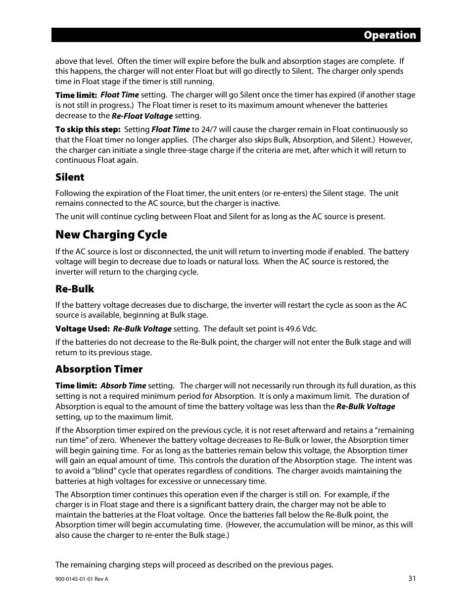 Silent, New charging cycle, Re-bulk | Absorption timer, 31 f, Operation | Outback Power Systems GS3548E Operators Manual User Manual | Page 33 / 76