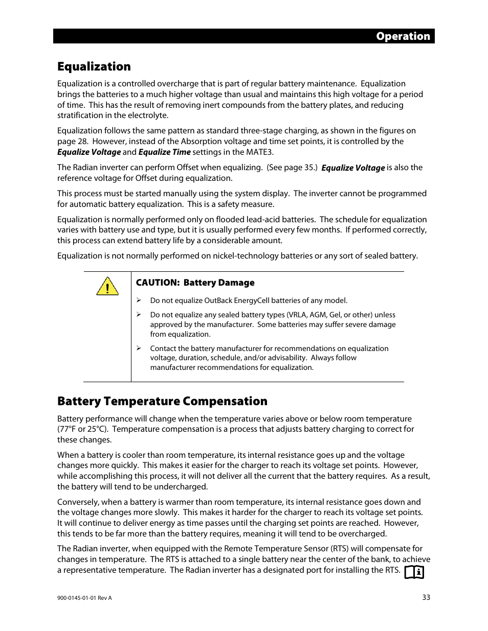 Equalization, Battery temperature compensation, Operation | Outback Power Systems GS3548E Operators Manual User Manual | Page 35 / 76