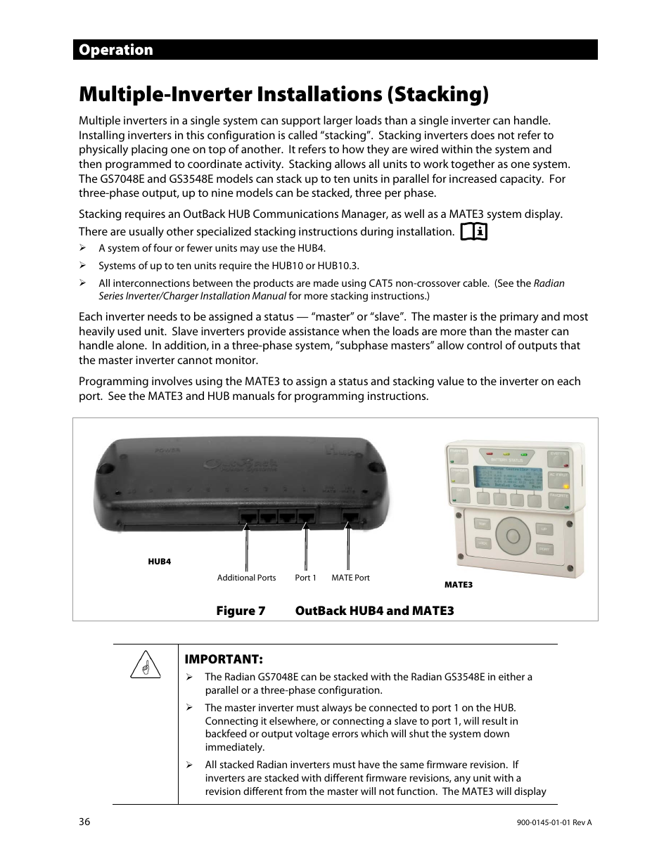 Multiple-inverter installations (stacking), Operation | Outback Power Systems GS3548E Operators Manual User Manual | Page 38 / 76