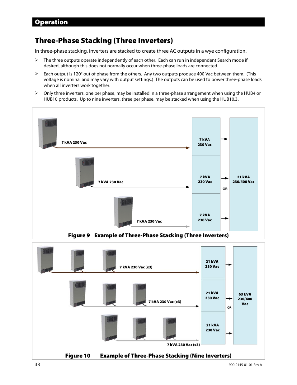 Three-phase stacking (three inverters), Operation | Outback Power Systems GS3548E Operators Manual User Manual | Page 40 / 76