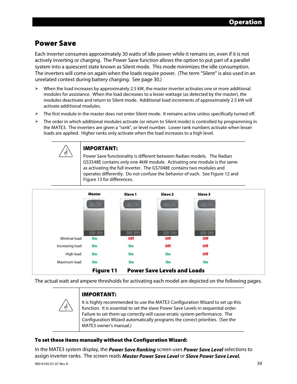 Power save, E 39, Operation | Important, Figure 11 power save levels and loads | Outback Power Systems GS3548E Operators Manual User Manual | Page 41 / 76