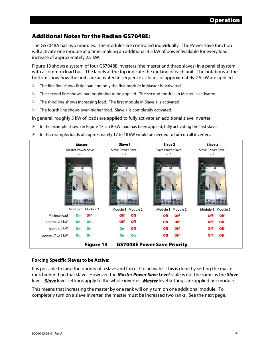 Additional notes for the radian gs7048e, Forcing specific slaves to be active, Figure 13 f | Operation | Outback Power Systems GS3548E Operators Manual User Manual | Page 43 / 76