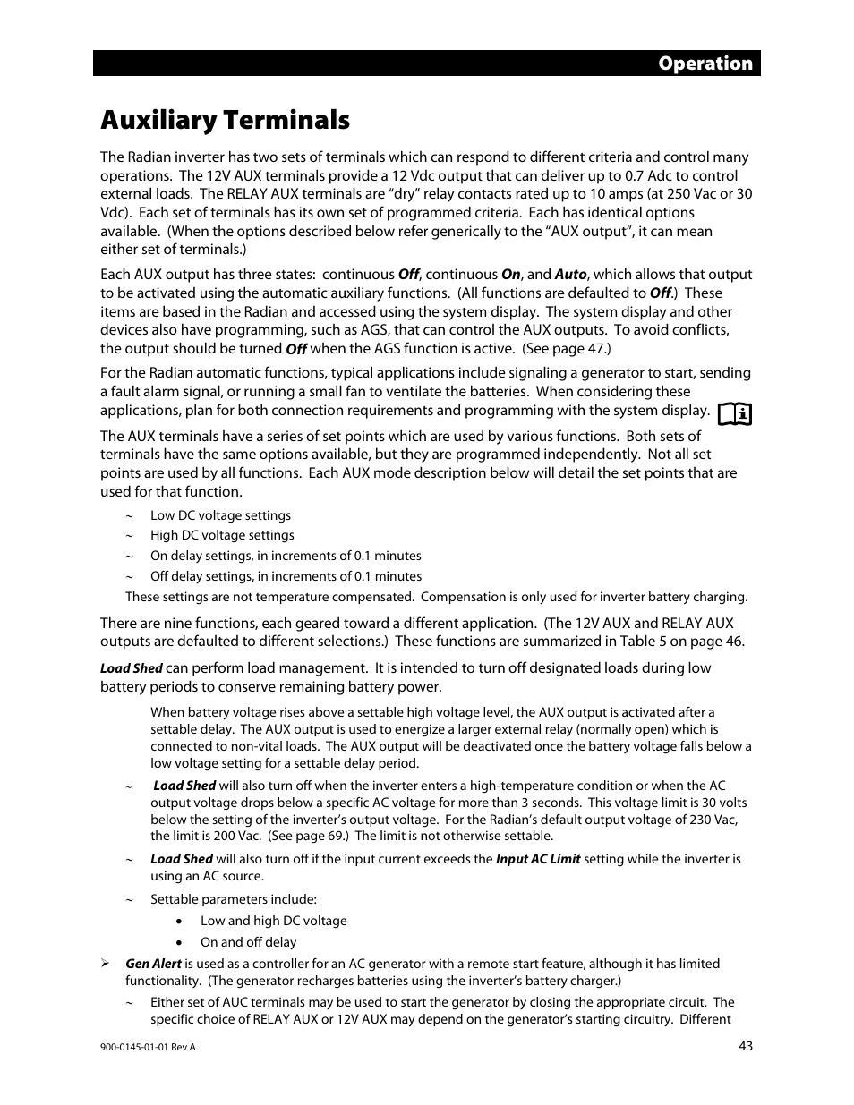 Auxiliary terminals, Operation | Outback Power Systems GS3548E Operators Manual User Manual | Page 45 / 76