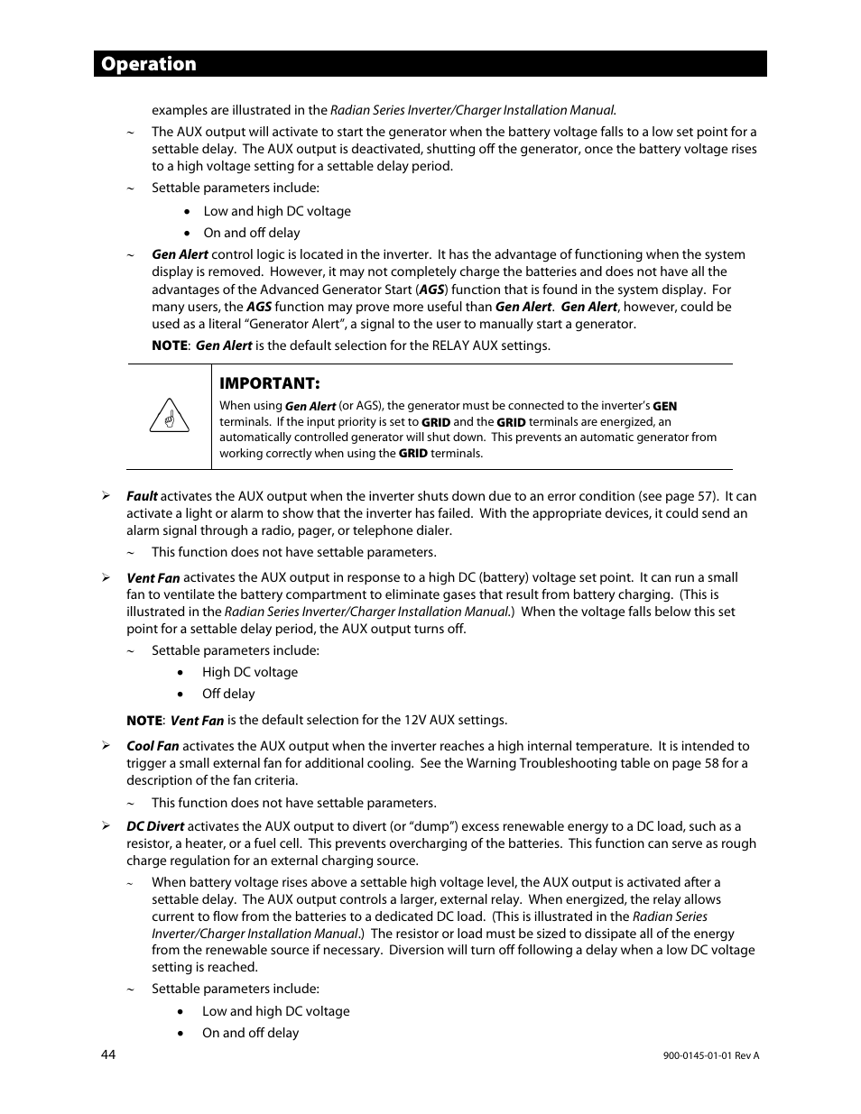 Operation, Important | Outback Power Systems GS3548E Operators Manual User Manual | Page 46 / 76