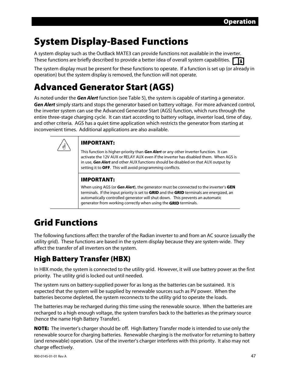 System display-based functions, Advanced generator start (ags), Grid functions | High battery transfer (hbx), E 47, Ge 47.) a, E 47.), E 47), Operation | Outback Power Systems GS3548E Operators Manual User Manual | Page 49 / 76