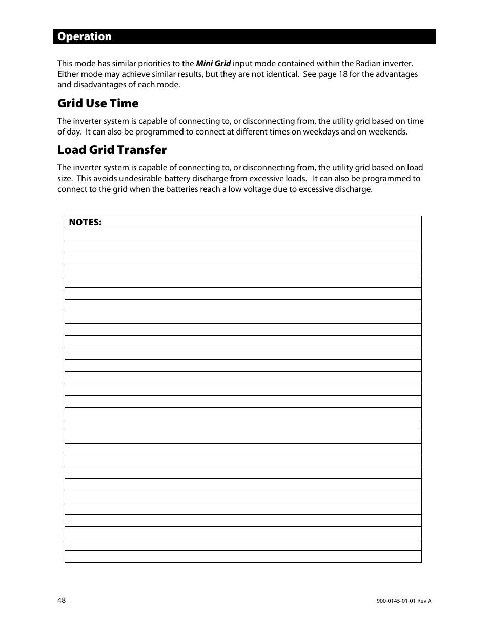 Grid use time, Load grid transfer, Operation | Outback Power Systems GS3548E Operators Manual User Manual | Page 50 / 76