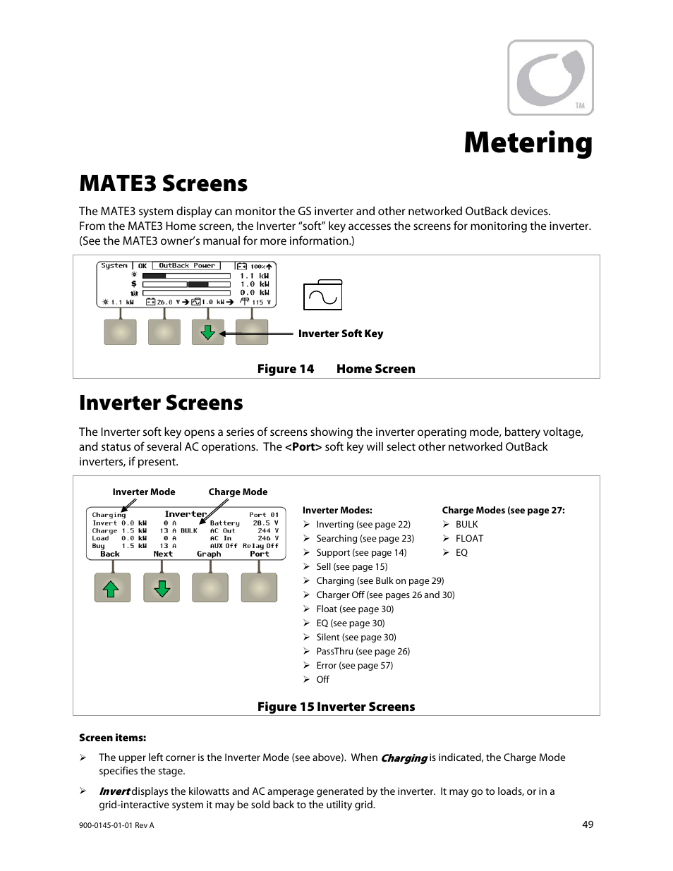 Metering, Mate3 screens, Inverter screens | Outback Power Systems GS3548E Operators Manual User Manual | Page 51 / 76