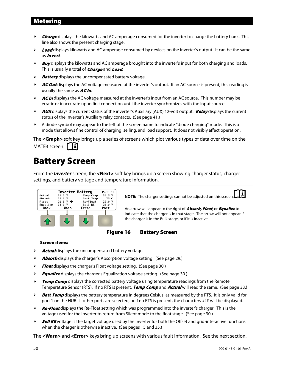 Battery screen, Ge 50, Metering | Outback Power Systems GS3548E Operators Manual User Manual | Page 52 / 76