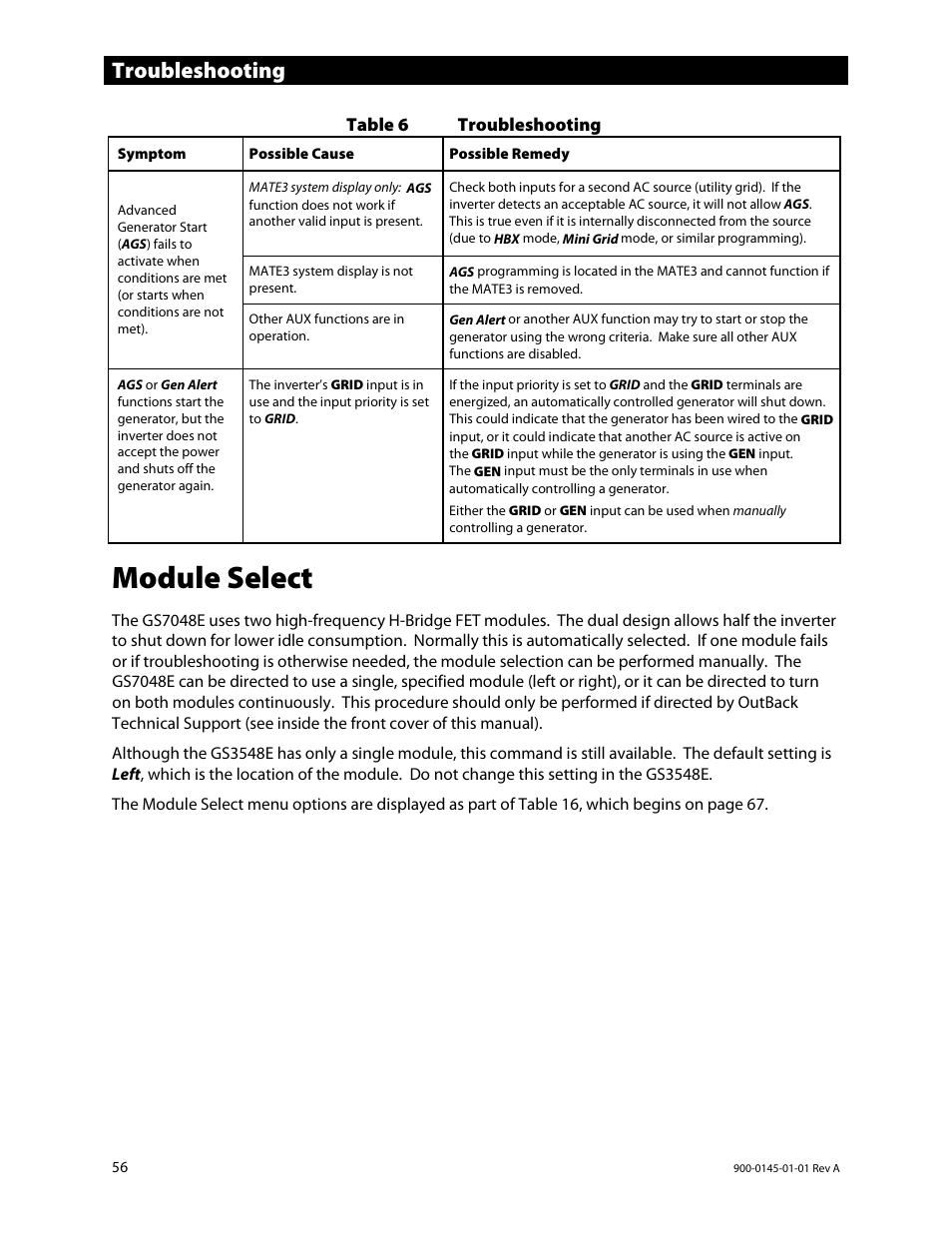 Module select, Troubleshooting | Outback Power Systems GS3548E Operators Manual User Manual | Page 58 / 76